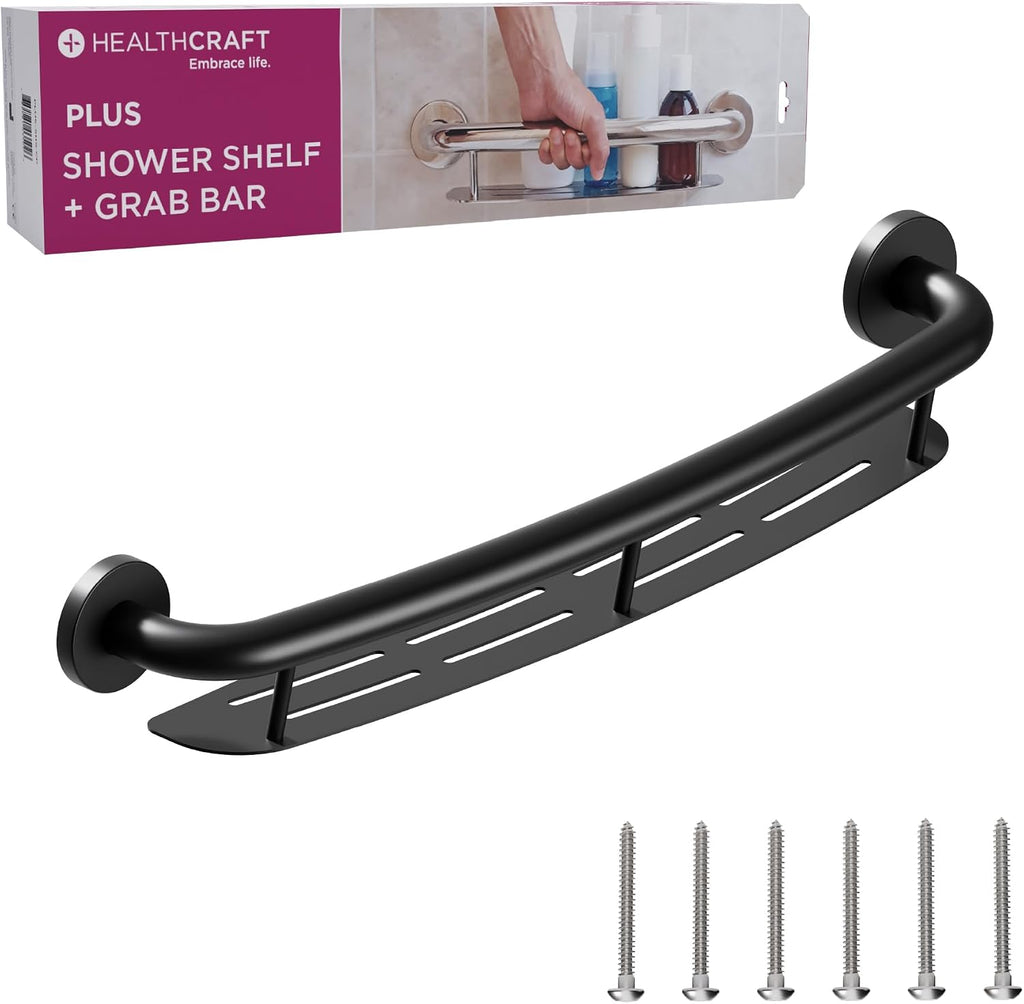 HEALTHCRAFT Plus Shampoo Shelf & Grab Bar 24', ADA Safety - Matte Black | Built-in shampoo shelf, concealed screws, no separate shelf needed