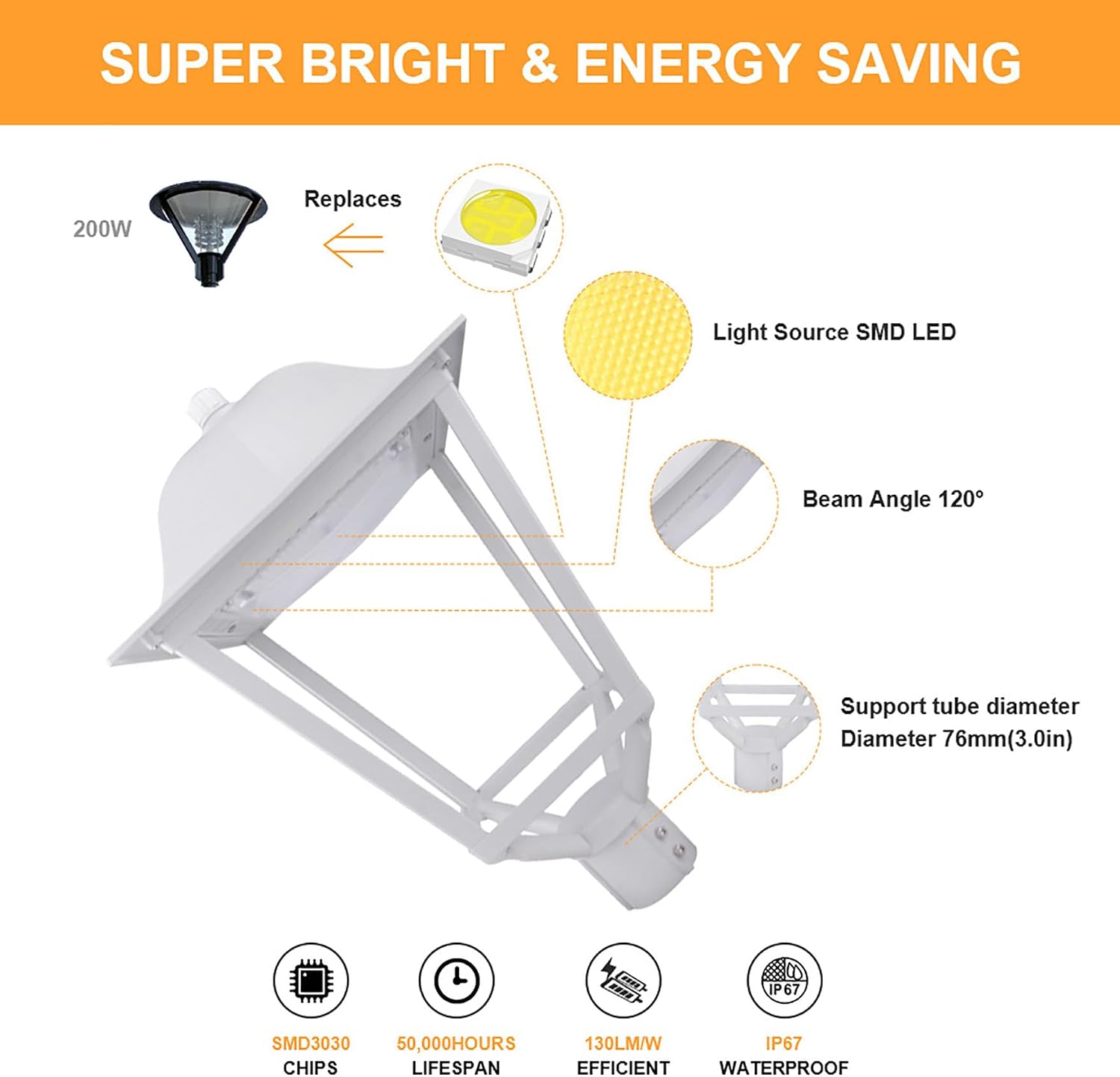 75W LED Post Top Light, Adjustable Color Temperature 3000K/4000K/5000K, AC100-277V 13000LM Outdoor Garden Lights Fixture, IP65 Waterproof Commercial Street Area Lighting, DLC/ETL Listed