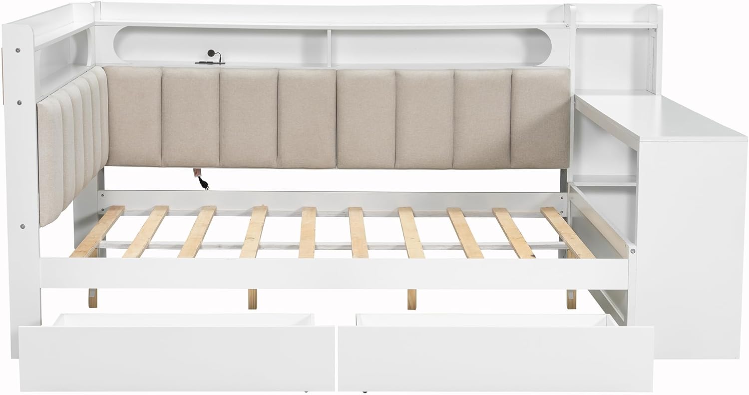 VilroCaz Full Size Daybed Sofa Bed with L-Shaped Upholstered Headboard and Desk, Wooden Corner Platform Bed Frame with 2 Drawers, Storage Shelves, Charging Station and Light Strip (White-8.26)