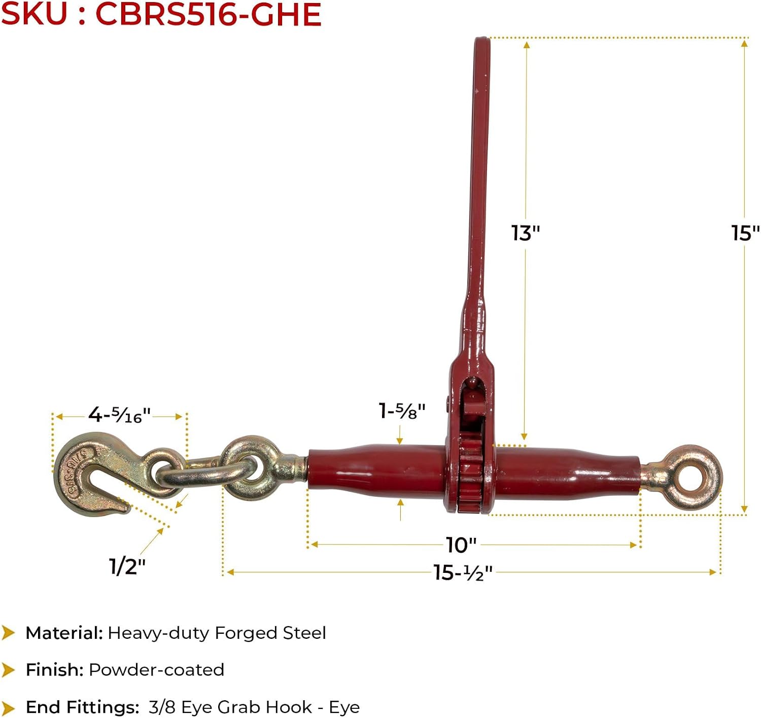 Mytee Products 4 Pack 5/16'-3/8' Heavy Duty Ratchet Lever Load Binder w/Grab Hooks and Eye 7100 Lbs Working Load Limit - Red | Tie Down Hauling Chain Binders for Flatbed Truck Trailer