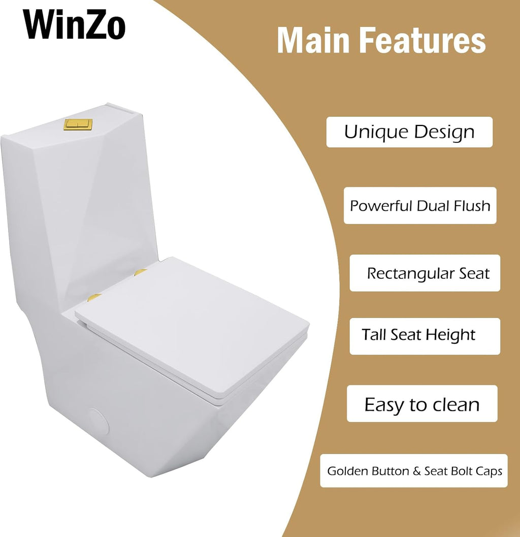 WinZo Modern Square Toilet One Piece With Golden Push Button Dual Flush Elongated Rectangle Comfortable ADA Height,White with golden Parts