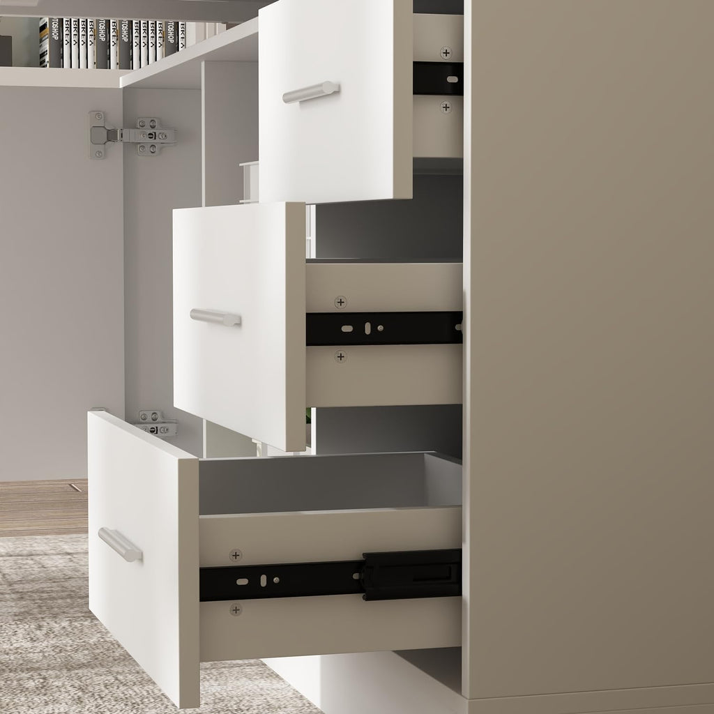 AGOTENI 63' W L Shaped Standing Desk with Cabinet, Electric Height Adjustable & Reversible Corner Computer Desk with Drawers & Storage Shelves for Home Office, White