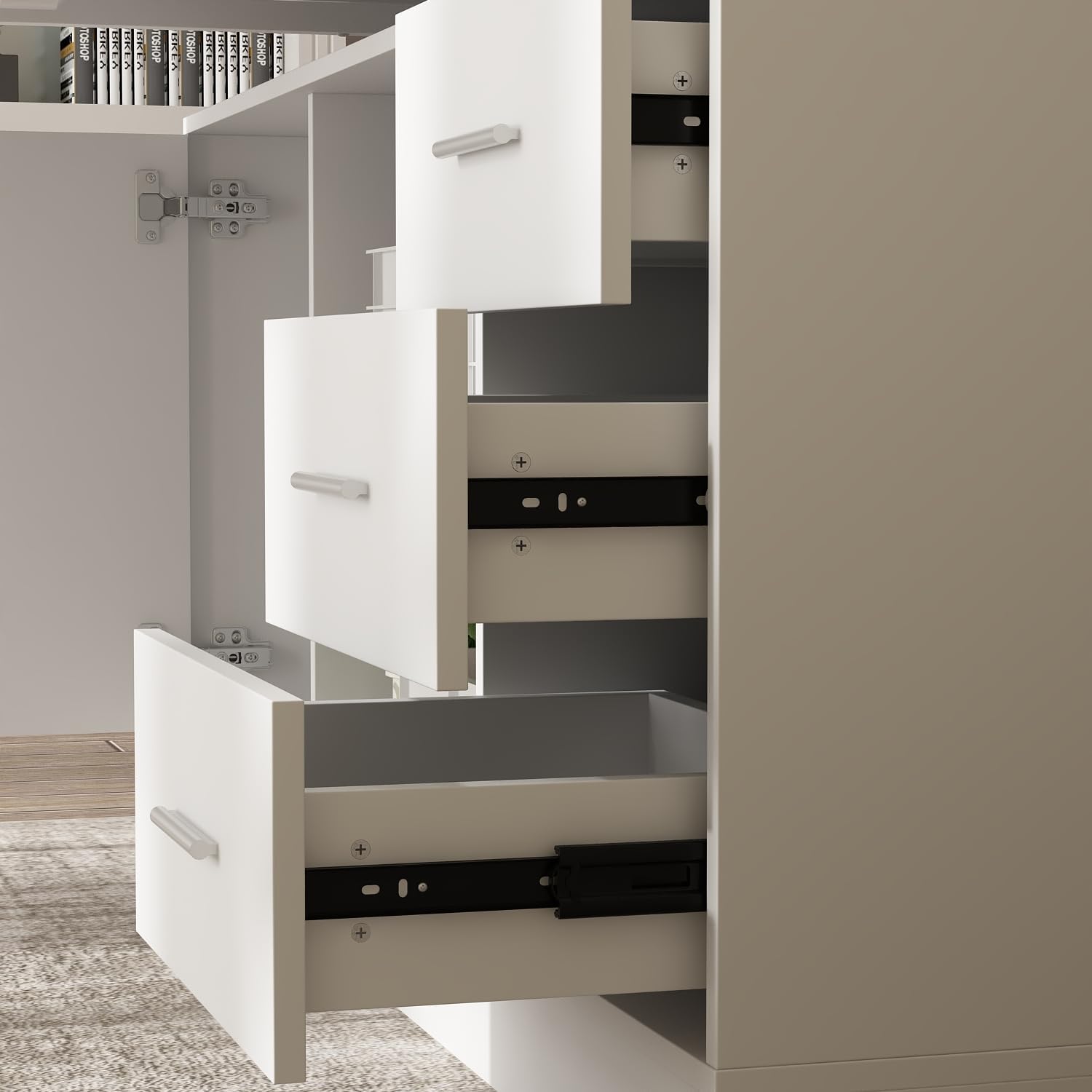 AGOTENI 63' W L Shaped Standing Desk with Cabinet, Electric Height Adjustable & Reversible Corner Computer Desk with Drawers & Storage Shelves for Home Office, White