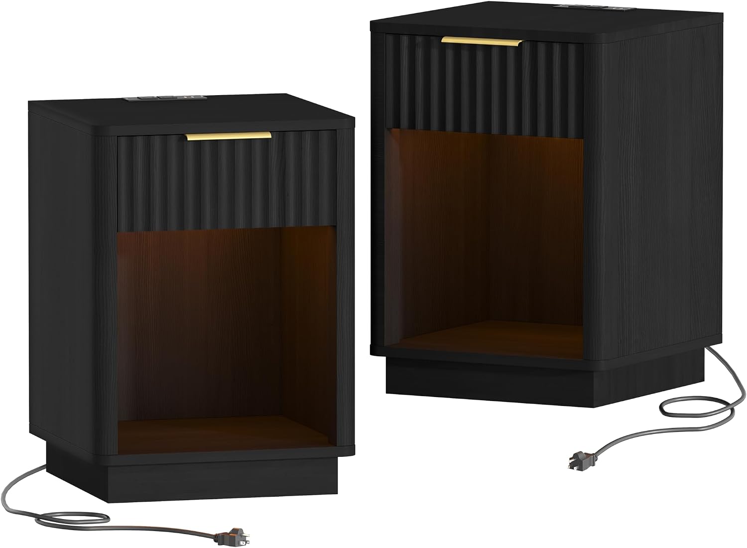 Akxomel Fluted Nightstands Set of 2, Wooden Night Stand with Charging Station and LED Light, Modern Mid Century End Table with Drawer, 15' D x 15.7' W x 22.6' H, for Bedroom, Black
