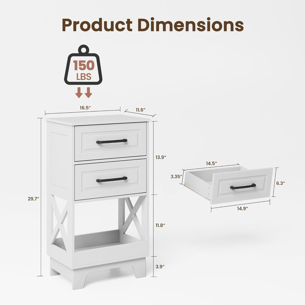 Tall Nightstand Set of 2 Side Table with 2 Drawers Modern Night Stand Wooden End Table Bedside Table with Below Open Shelf Solid Feet for Bedroom White