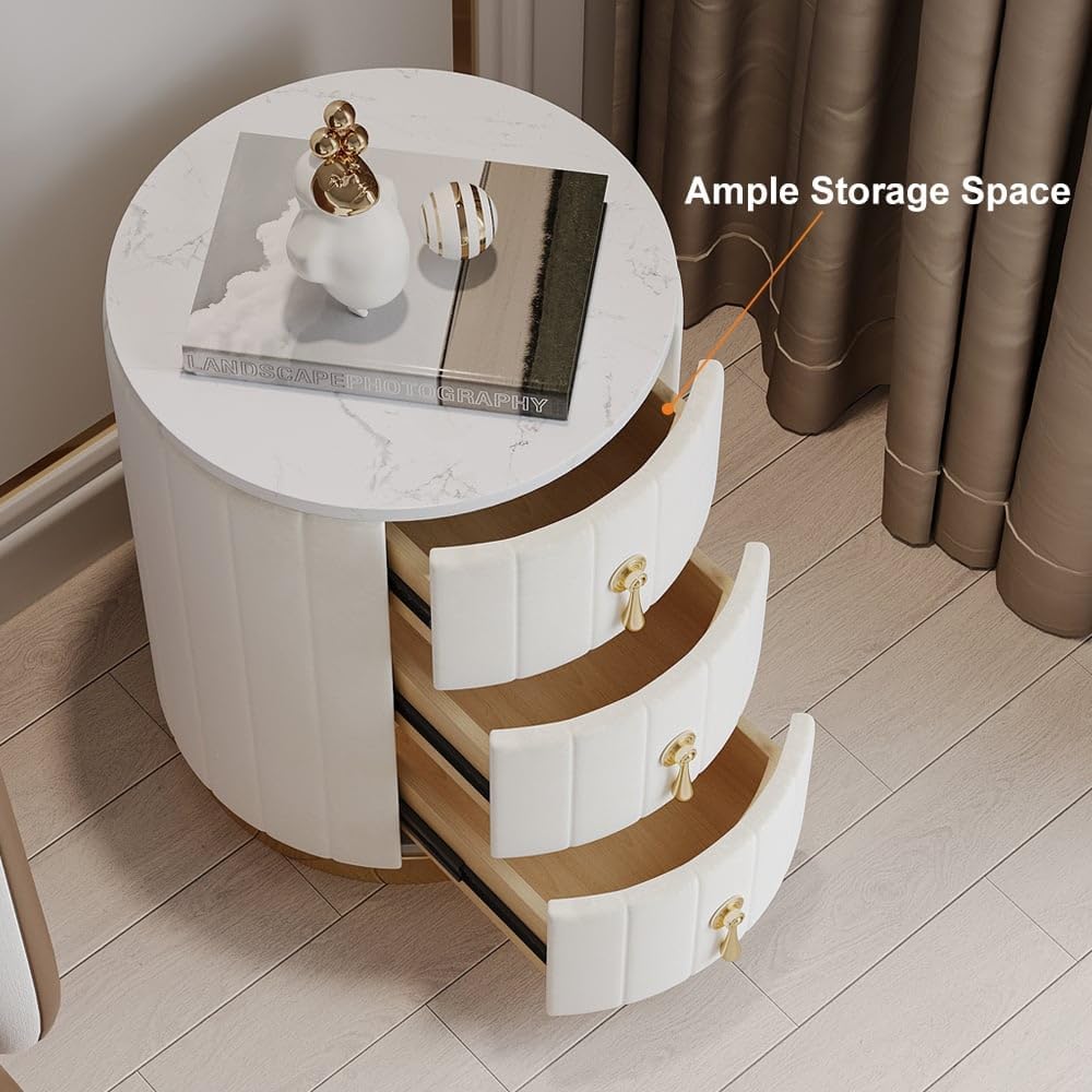 homary Velvet Nightstand with 3 Drawers, White Round Bedside Table with Sintered Stone Top, Modern Nightstand with Storage for Bedroom, End Table for Living Room