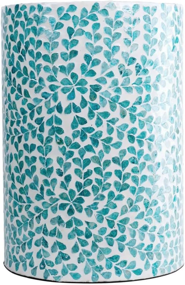 PEMAR Mother of Pearl Inlaid Cylinder Drum End Table Nacre Capiz Shell Side Table Stool Drum Accent Table Coffee Bedside Side Table Round Nightstand and Vanity Stool (Teal Floral)