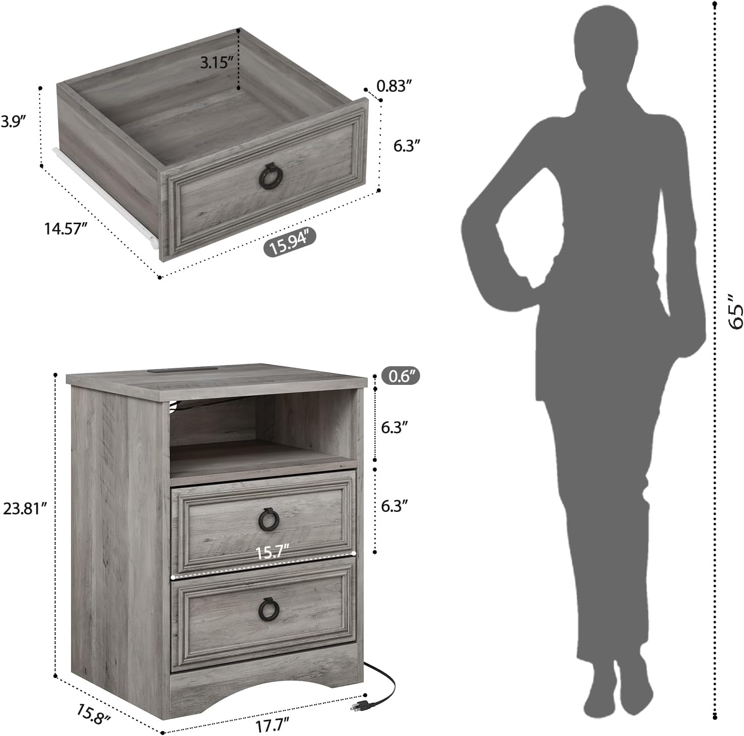 Large Nightstand Set of 2 with Drawers,17.7'W Accent Night Stand with Charger Station LED Lights, Bed Side Table with 2 Drawers, End Table with Easy Open Storage for Bedroom, Living Room,Gray