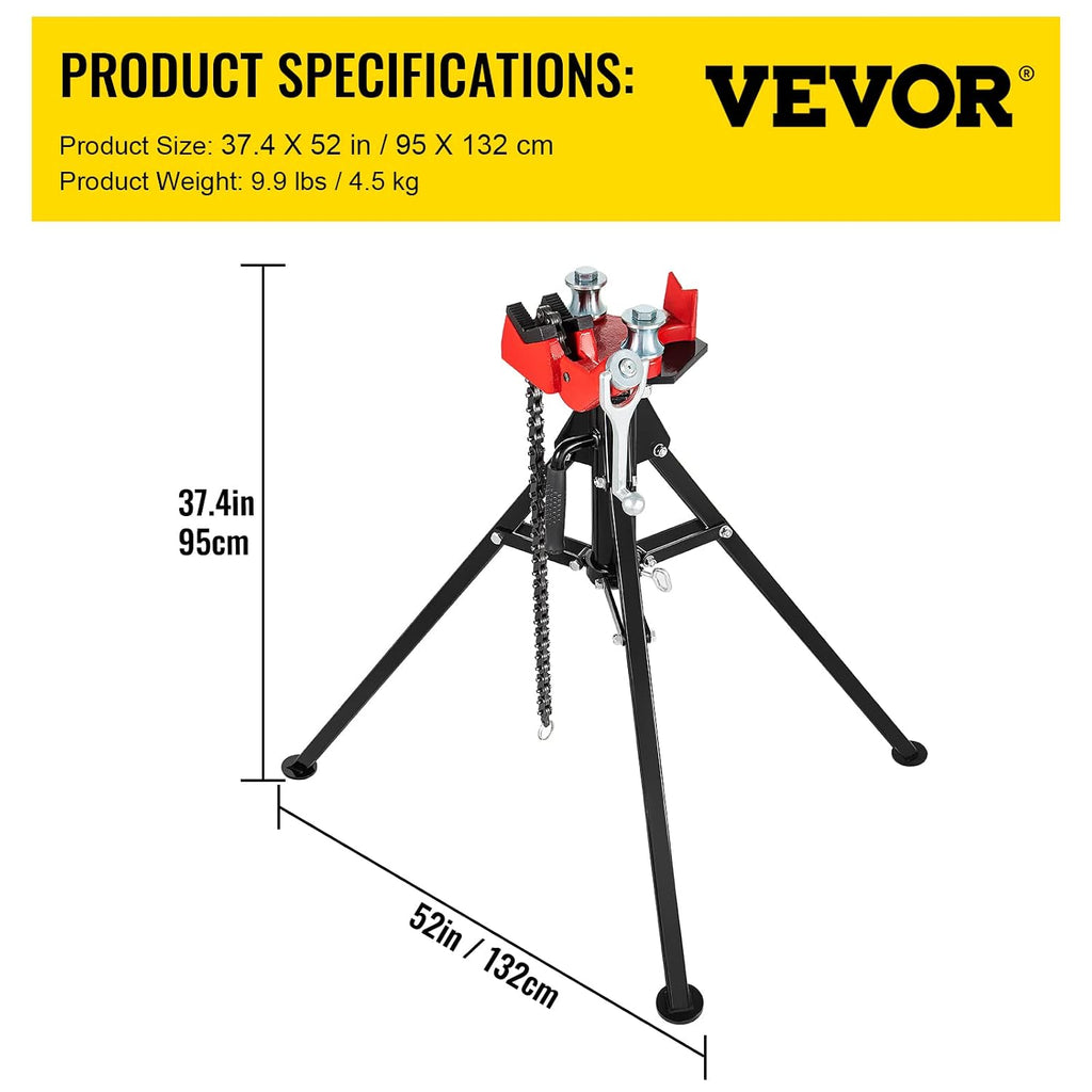VEVOR Tripod Pipe Chain Vise, 1/8'-5' Pipe Capacity, 36.4' Length Chain Vise Stand with Portable Folding Steel Legs, for Grabbing, Supporting and Bending Pipes in Factory, Workshop and Home