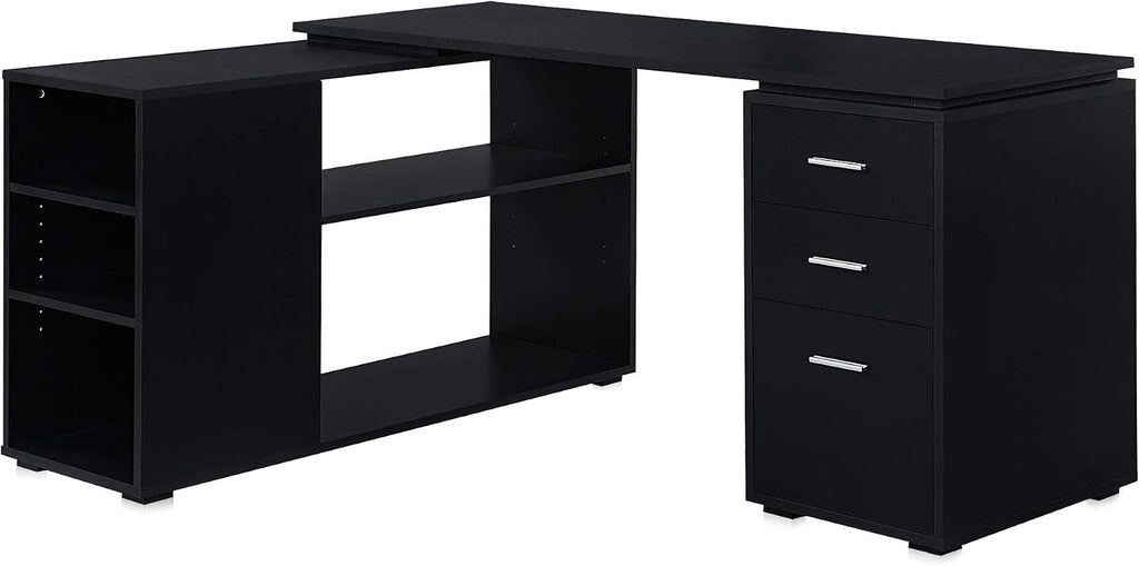 BELLEZE L Shaped Computer Desk, 60' Study Writing Table Home Office Desk Morden Corner Workstation Setup with Adjustable Storage Shelves and 3 Drawers, Black