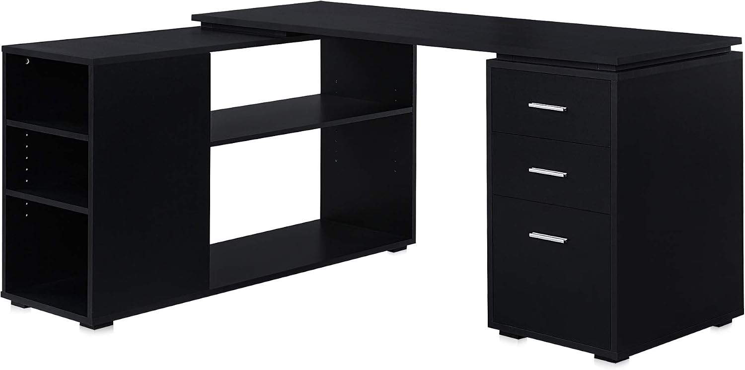 BELLEZE L Shaped Computer Desk, 60' Study Writing Table Home Office Desk Morden Corner Workstation Setup with Adjustable Storage Shelves and 3 Drawers, Black