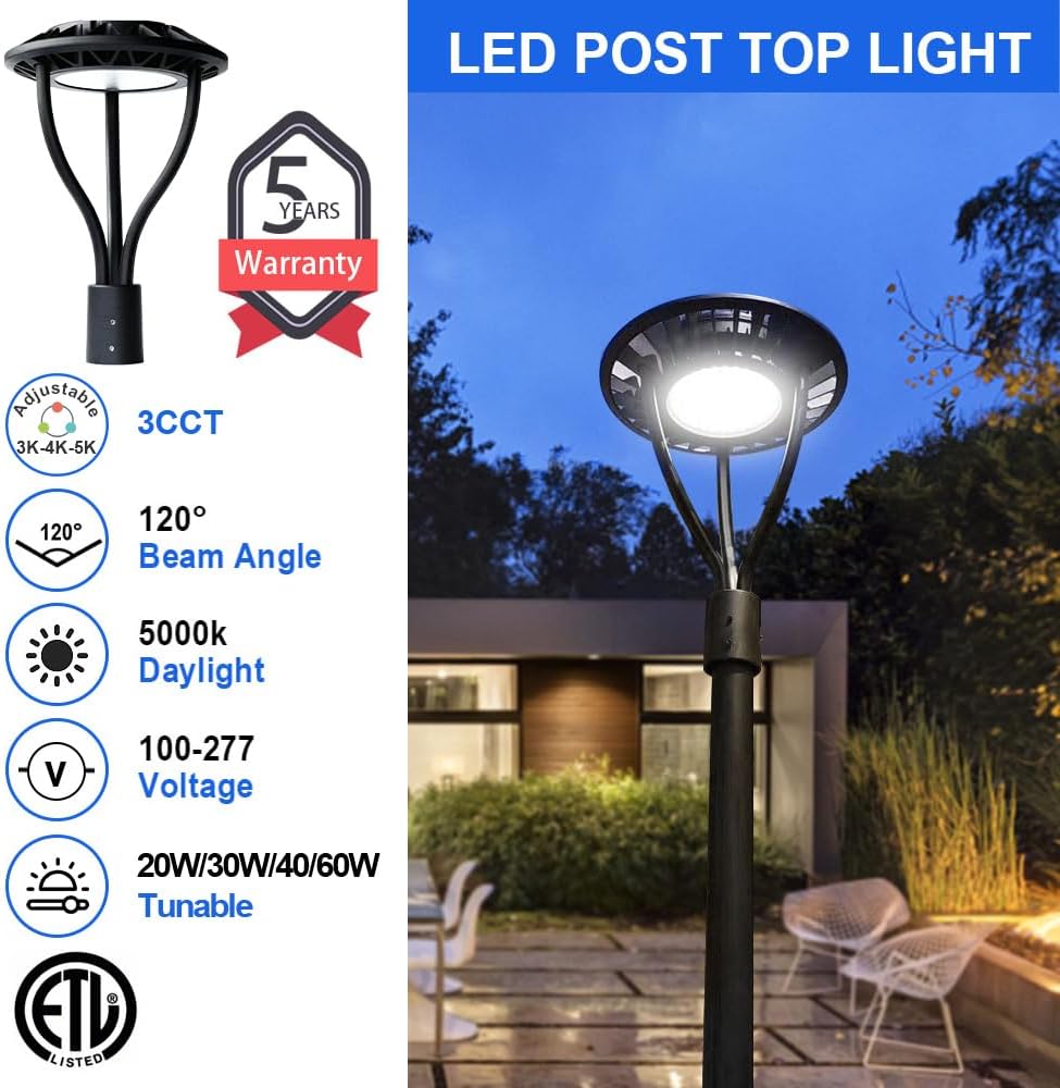 OSTEK LED Post Top Light 20W/30W/40W/60W, 3CCT(3000K/4000K/5000K), 140LM/W Commercial Area Light, IP65 Waterproof Outdoor Pole Light for Streets, Parks, Pathways, Courtyards, Dusk to Dawn Photocell