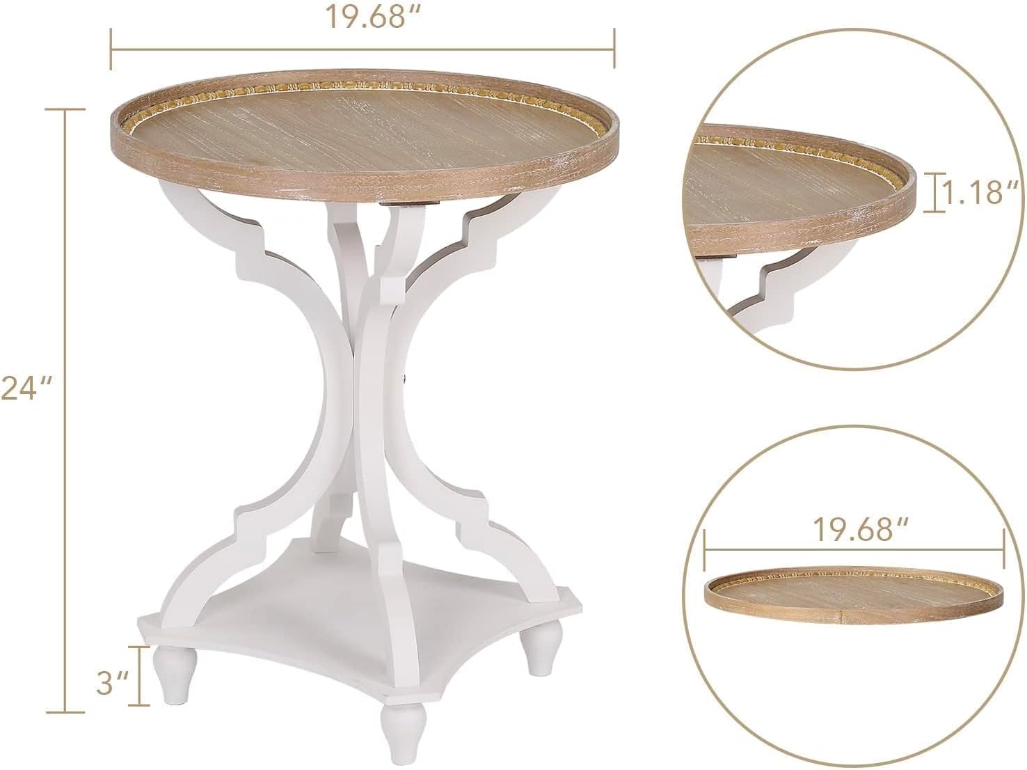 Wnutrees Farmhouse Round Accent End Table, Rustic Side Table Nightstands for Living Room, Wood Tray Top, Handcrafted Finish, Set of 2, White