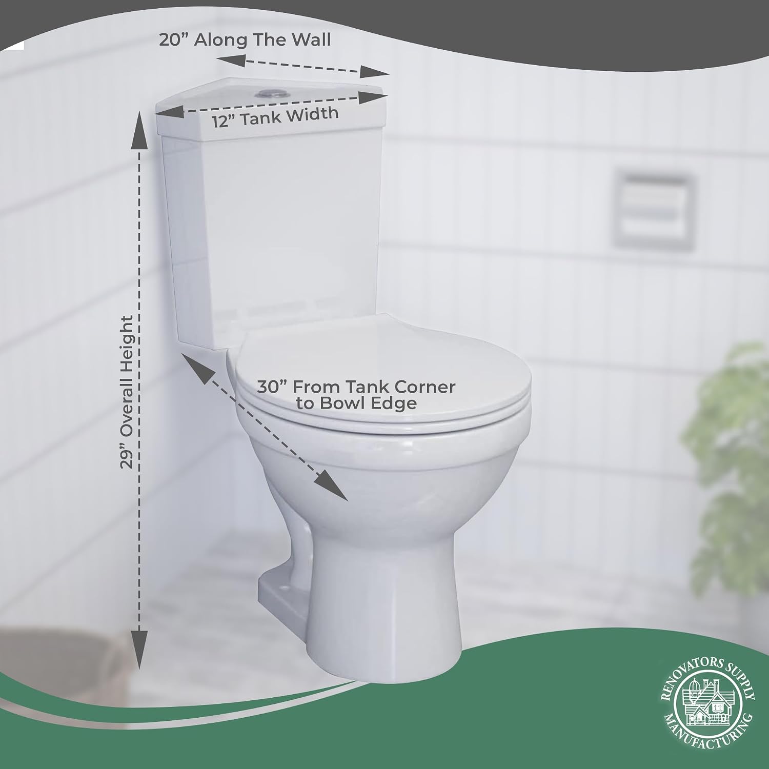 Renovators Supply Manufacturing Dual Flush Corner 2-Piece Round Toilet, Troyt Style with Slow Close Seat, 0.8/1.6 GPF Water Saving, 12 in Rough-In White Vitreous China