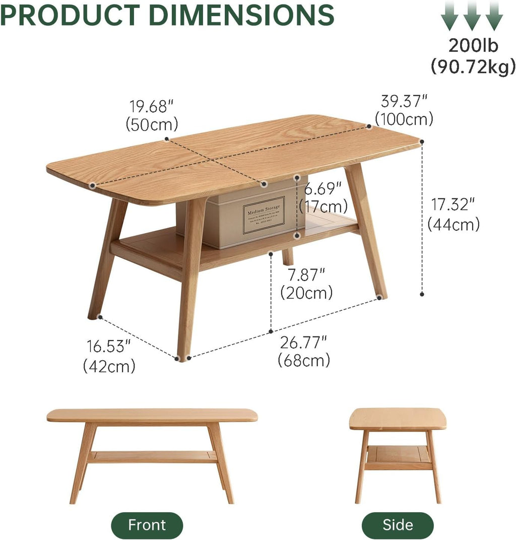 100% Solid Oak Wood Coffee Table for Living Room, 2-Tier Small Coffee Tables with Shelf Storage, Mid Century Modern Table with Rounded Corners (Natural, 39.37' x 19.68' x 17.32')