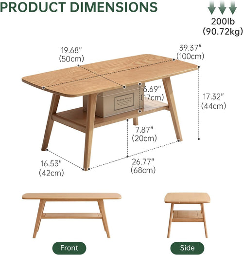 100% Solid Oak Wood Coffee Table for Living Room, 2-Tier Small Coffee Tables with Shelf Storage, Mid Century Modern Table with Rounded Corners (Natural, 39.37' x 19.68' x 17.32')