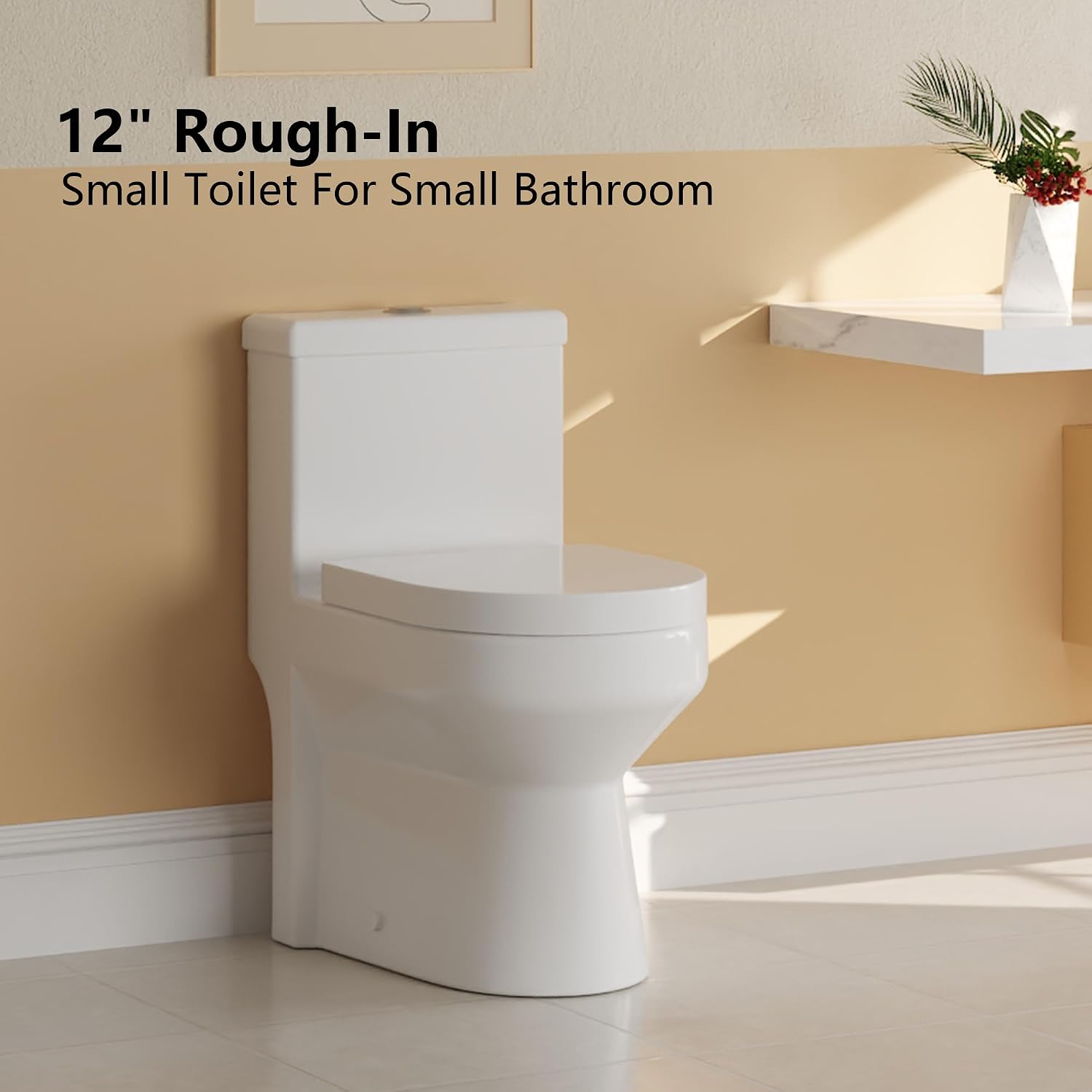 DeerValley Compact One Piece Toilet for Small Bathrooms with Soft Close Seat 12 Inch Rough Dual Flush 0.8/1.28 GPF Toilets In White