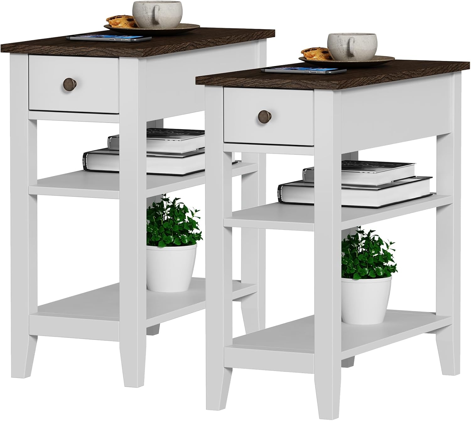 ChooChoo Side Table Living Room Set of 2, Narrow End Table with Drawer and Shelf, 3-Tier Sofa End Table for Small Space, White and Brown