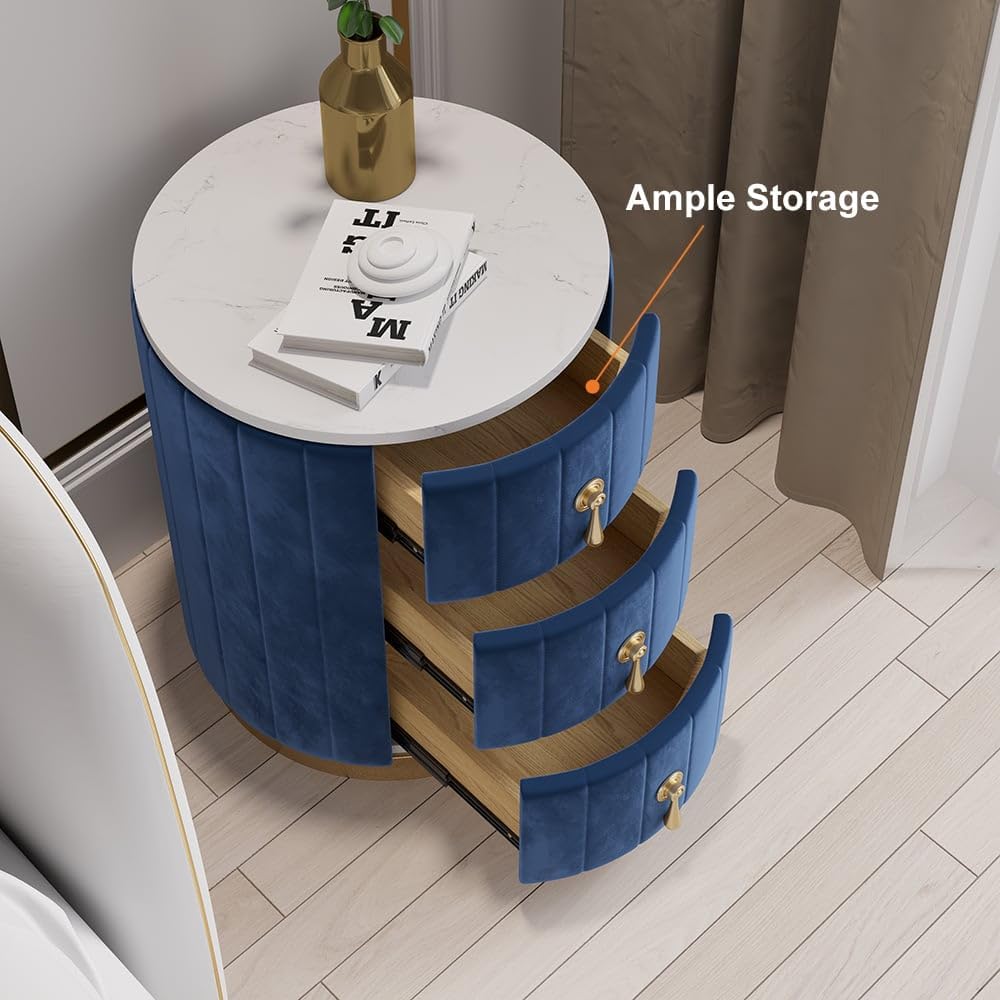 homary Velvet Nightstand with Storage, Blue Round Bedside Table with 3 Drawers, Stone Top Night Table for Bedroom, End Tables for Living Room