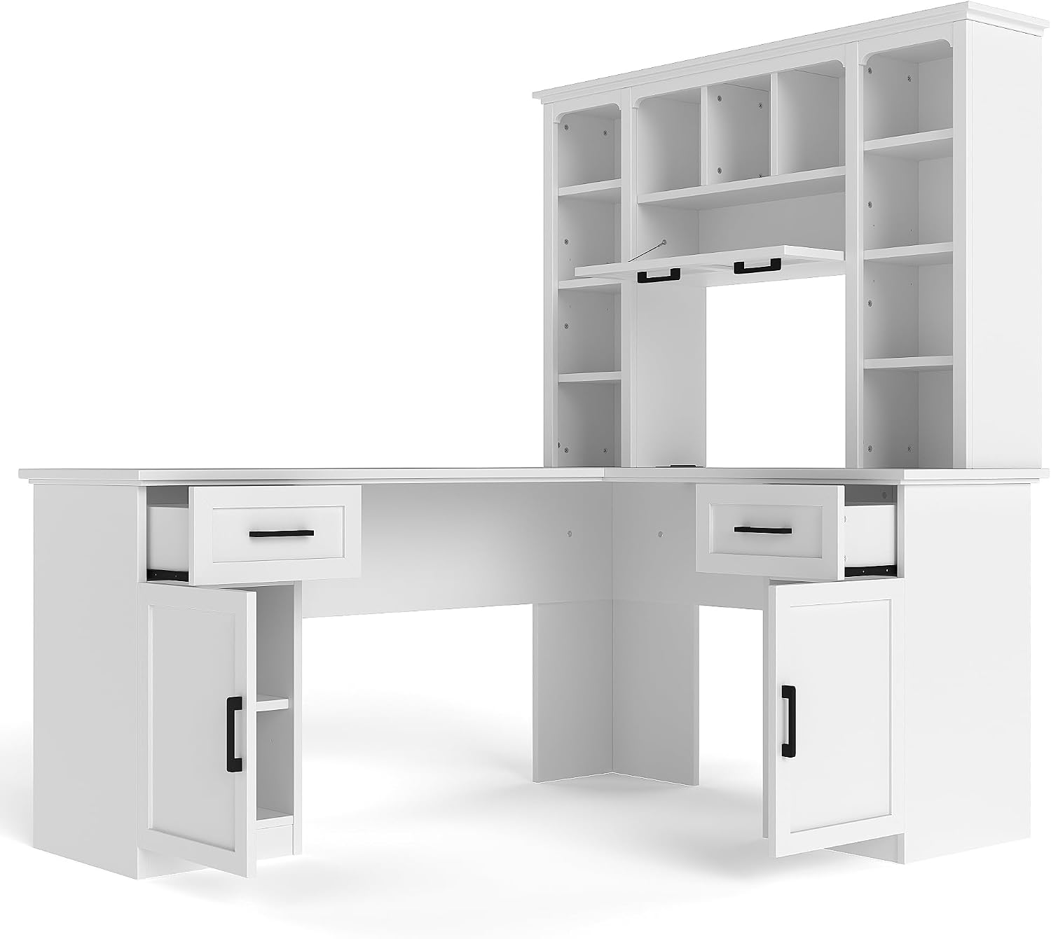 L Shaped Desk with Hutch, Corner Computer Desk with Storage Shelf & Cabinet, Laptop Pc Table Gaming Desk Workstation, Modern Executive Study Writing Desk for Home Office, Bedroom (White)