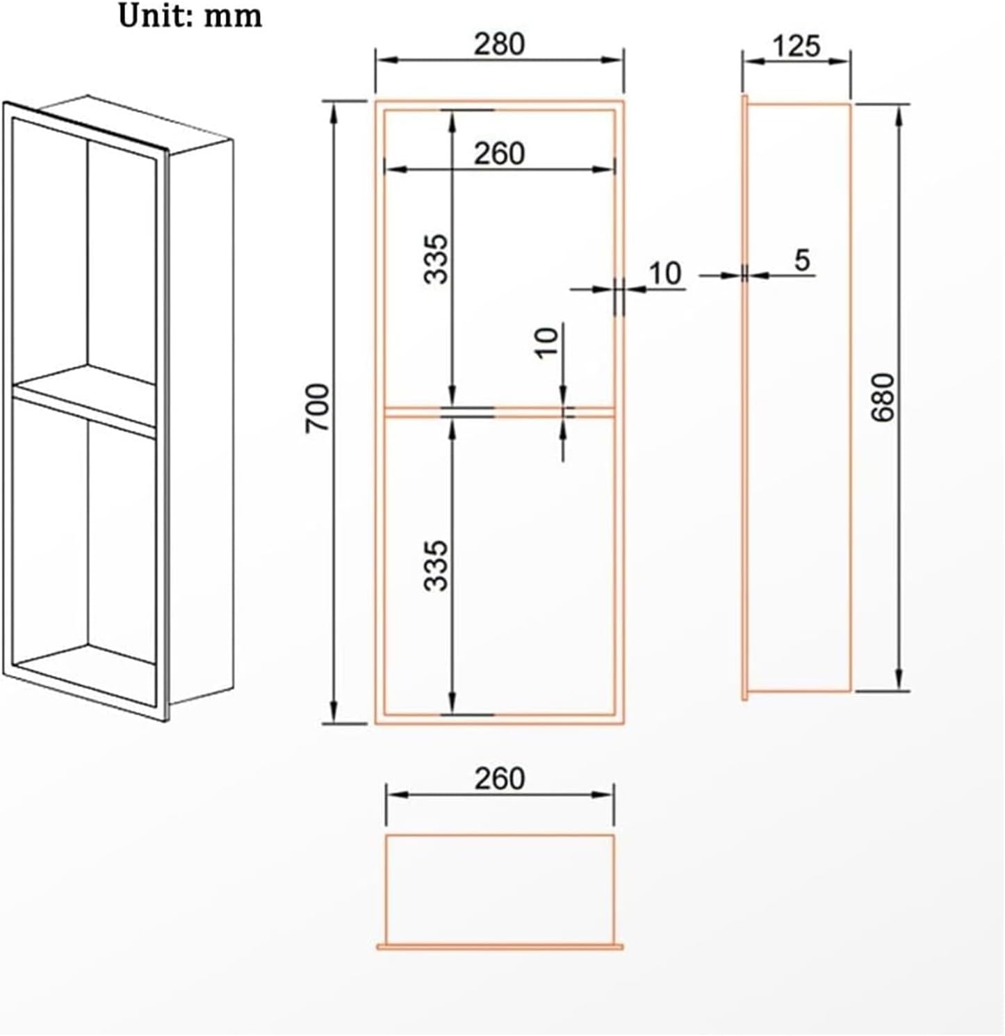 Stainless Steel Shower Nich, One Piece Embedded Shower Niche, Room Shelf Recess Storage for Bath/Shampoo/Toiletry Pantry Decor,Gold,70x28x12.5cm