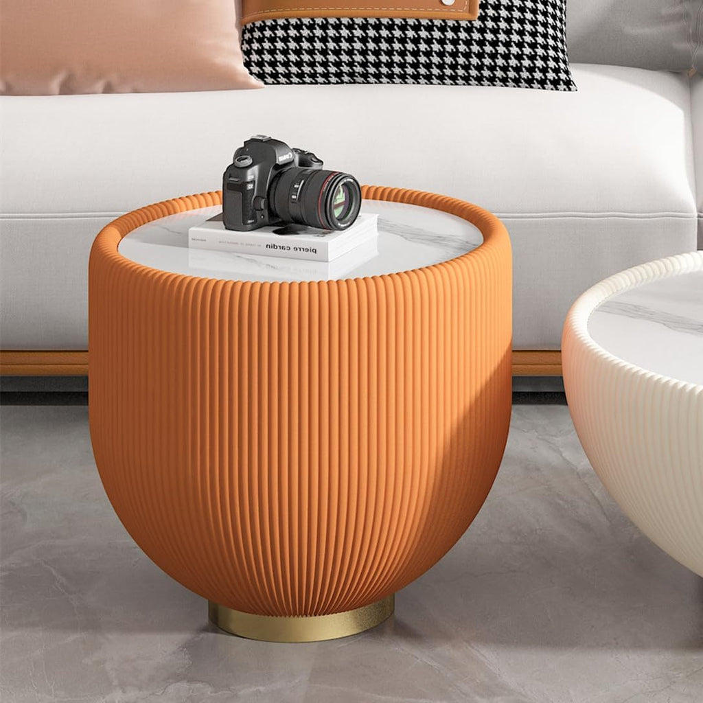 Modern Round End Table Luxury Sintered Stone Top Coffee Table in Orange Leatherette Creative Bowl-Shape Small Coffee Side End Table for Living Room Bedroom,Fully Assembled