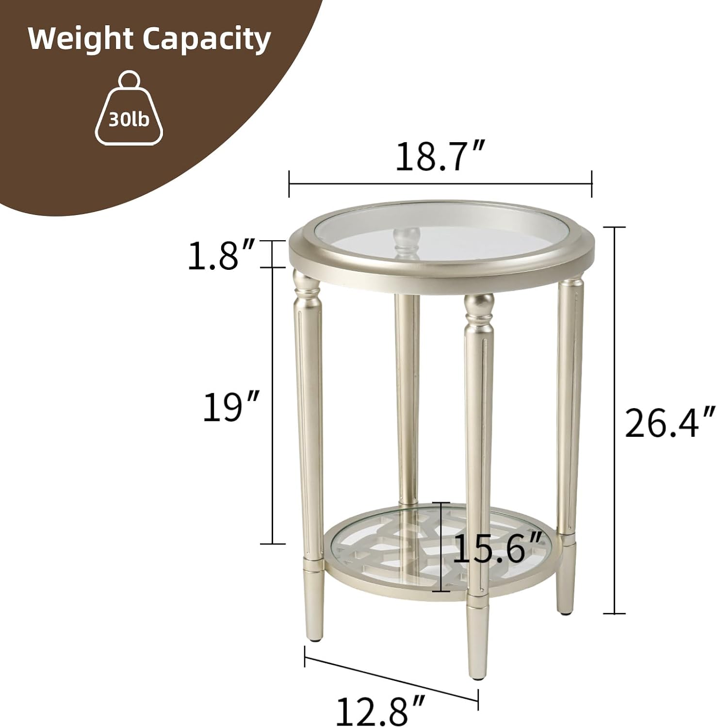 SUNBURY Set of 2 Modern End Tables with Tempered Glass Tops & Glass Lower Shelves, MDF Nightstands for Living Room, Bedroom, Dining Room (Champagne)