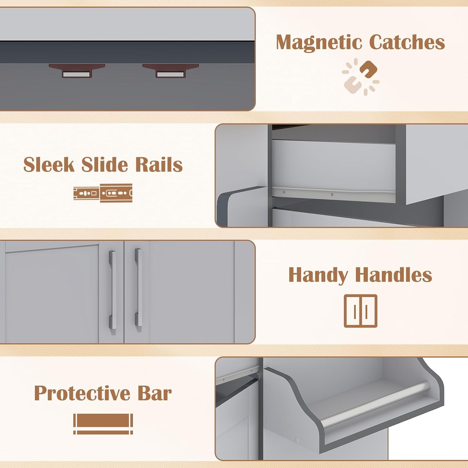 Kitchen Island with Storage, 44' Width Rolling Kitchen Cart on Wheels with Drawer, Adjustable Shelf, Spice Rack and Towel Bar, Wooden Island Table for Dining Room, Living Room (Grey)