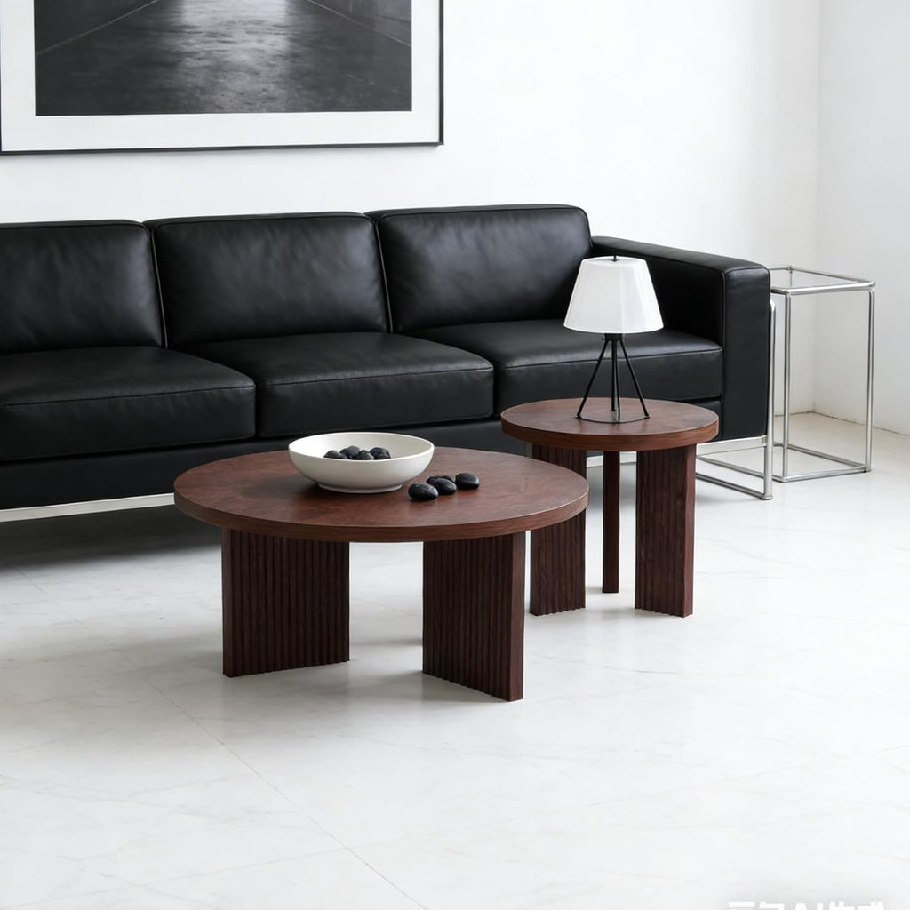 Nesting Coffee Table Set of 2, Modern Wooden Coffee Table with Smooth Thick Design, Circle Tea Table and End Table Set, Accent Center Tables for Living Room, Office, Burgundy