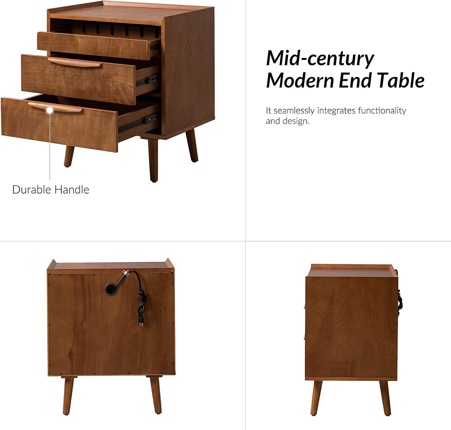 HULALA HOME 2 Drawer End Table with Pull-Out Shelf, Mid-Century Modern End Table with Wood Legs, Wood Side Table with Charging Station(Acorn)