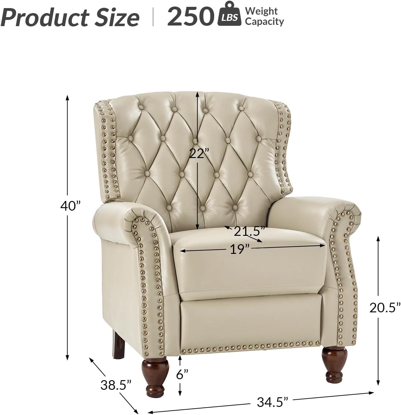 HULALA HOME Genuine Leather Recliner Chair Set of 2 w/Solid Wood Feet, Modern Adjustable Tufted Push Back Arm Chair w/Rivet Decoration, Home Theater Seating Reclining Sofa for Living Room, Beige
