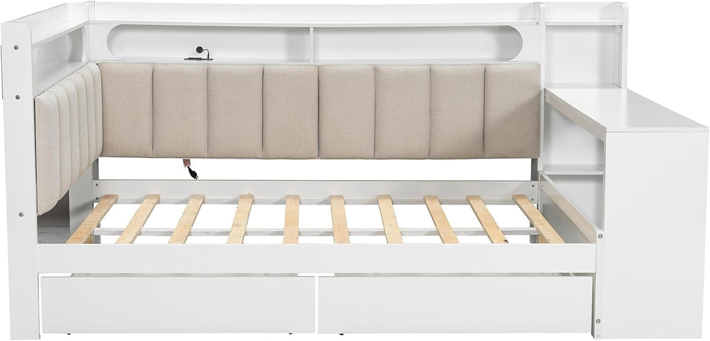 Merax Full Size Multifunctiona Daybed with Storage Drawers and Built-in Shelves & Desk, Corner Bed Frame with Charging Station, LED Light, Upholstered Headboard and Backrest