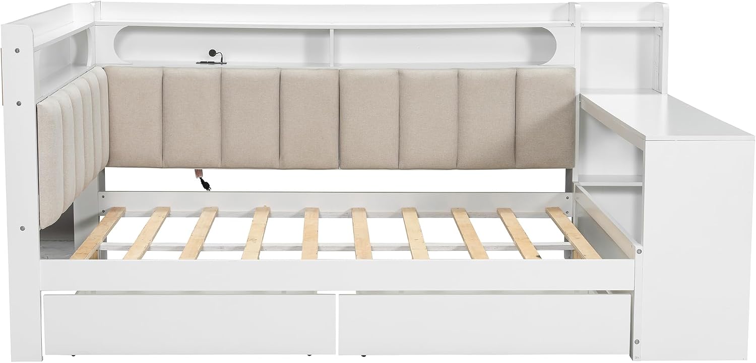 Merax Full Size Multifunctiona Daybed with Storage Drawers and Built-in Shelves & Desk, Corner Bed Frame with Charging Station, LED Light, Upholstered Headboard and Backrest