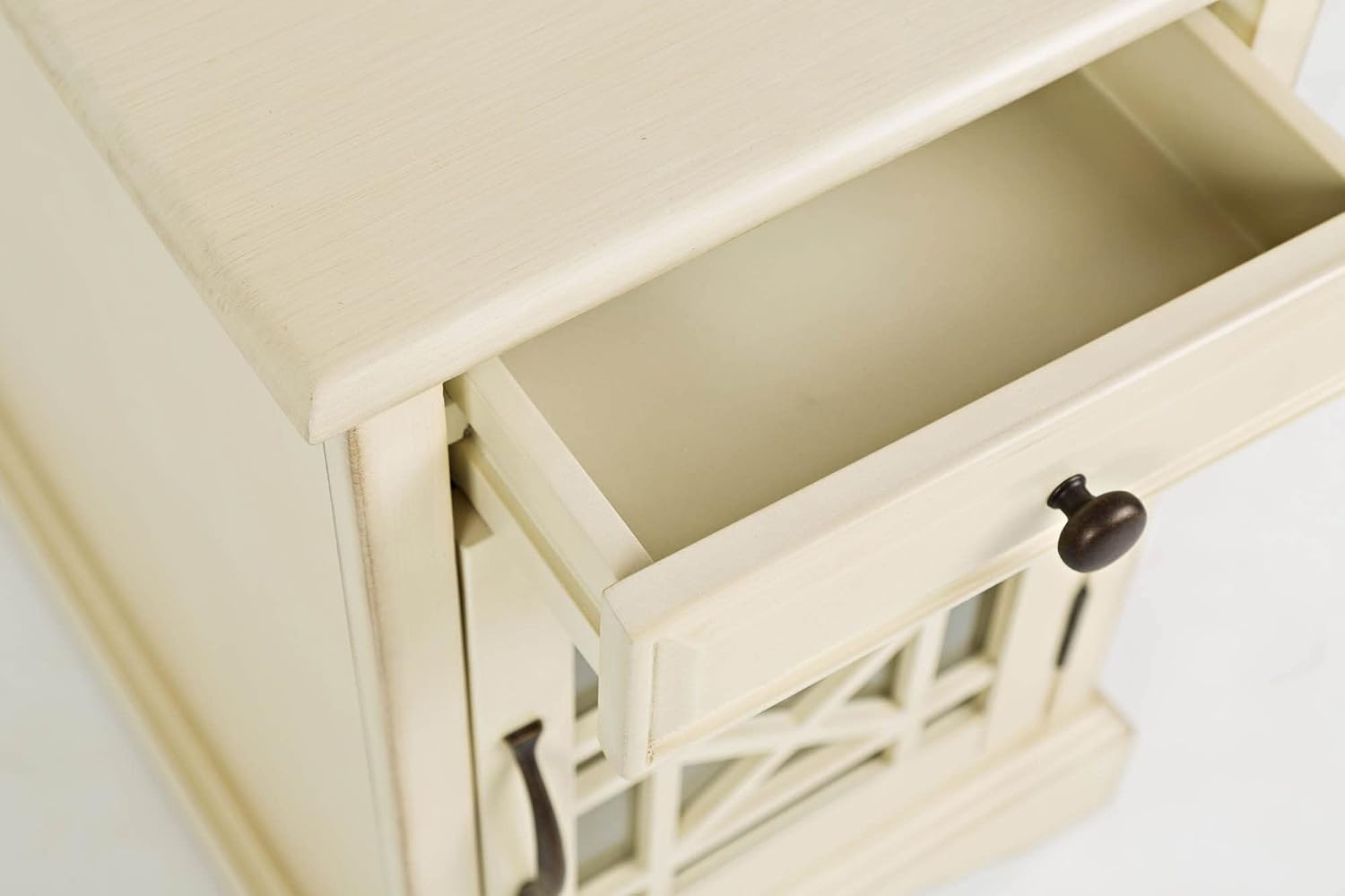 Jofran Farmhouse Craftsman End Table with Charging Station – Narrow Night Stands with USB Charging Port – Space-Saving Design for Bedroom, Living Room, or Entryway, Antique Cream
