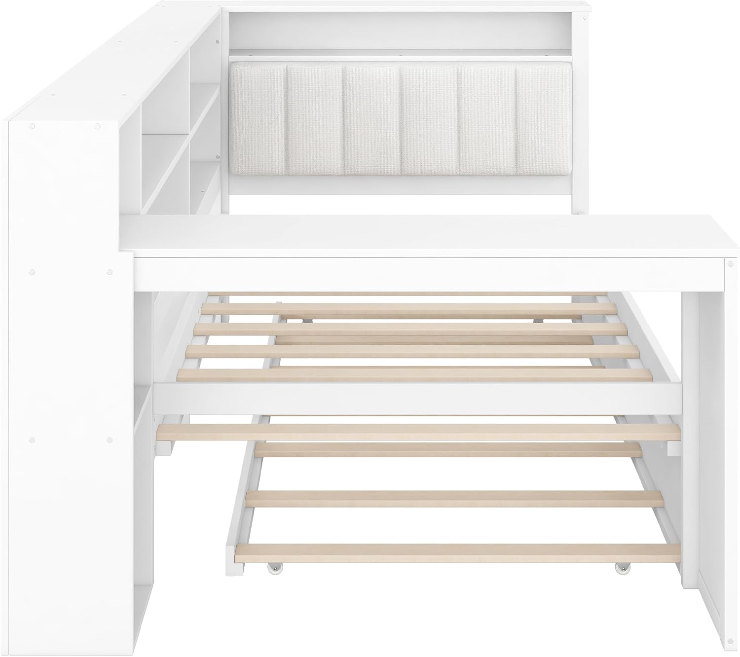 LUMISOL Twin Size Daybed Bed with Trundle, Storage Shelves, Desk & Charging Station, L-Shaped Corner Bed Frame with Upholstered Headboard for Living Room, Guest Room, White