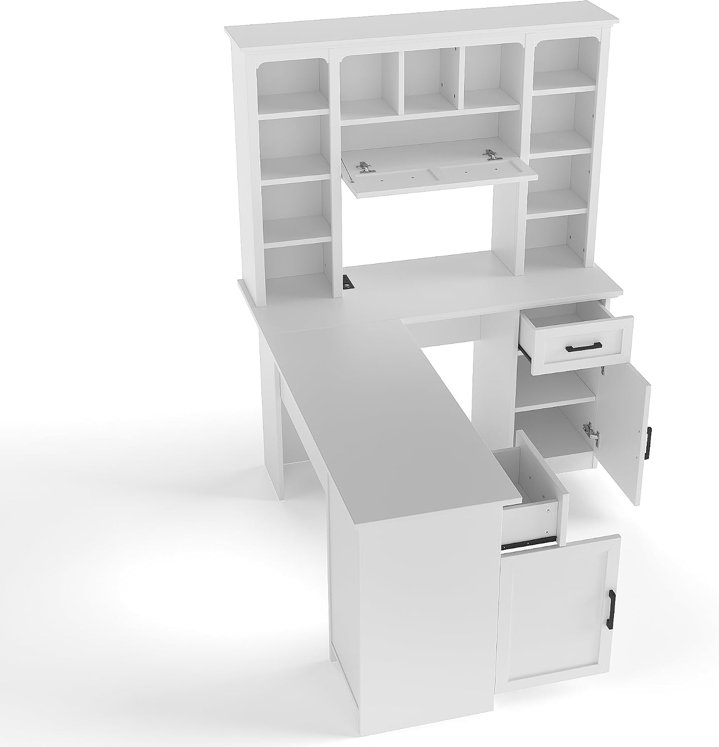 L Shaped Desk with Hutch, Corner Computer Desk with Storage Shelf & Cabinet, Laptop Pc Table Gaming Desk Workstation, Modern Executive Study Writing Desk for Home Office, Bedroom (White)