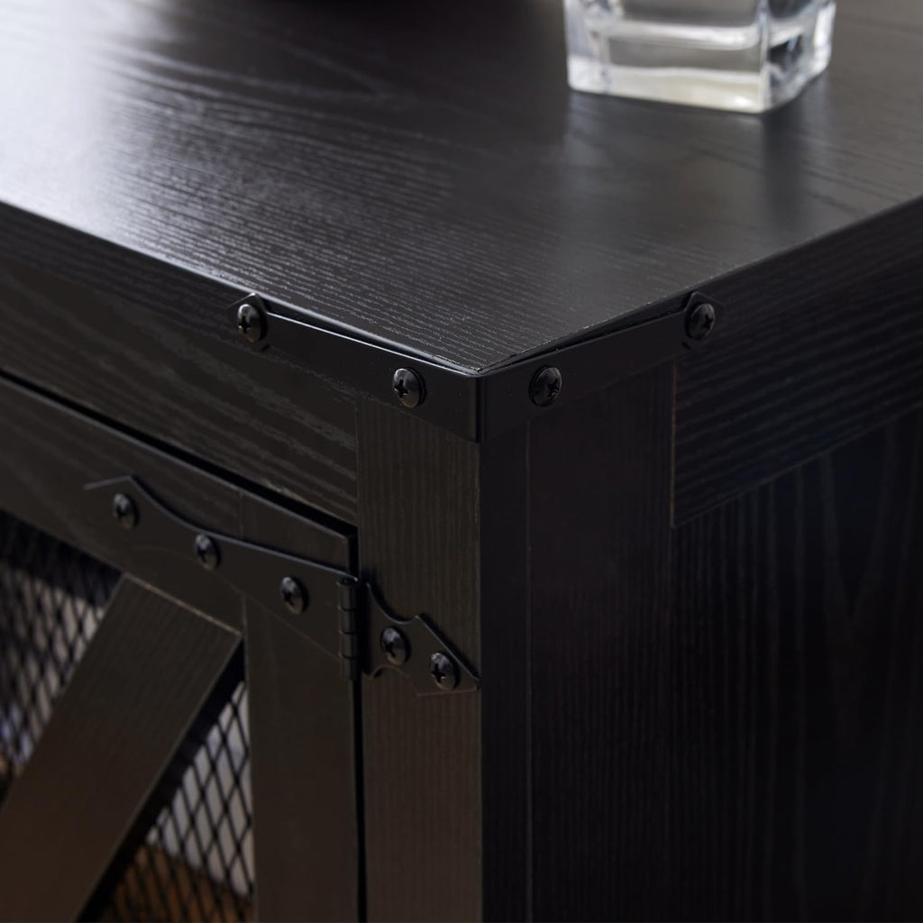 Farmhouse End Table Set of 2 with Charging Station, Living Room Tables with Hidden Storage, Wood Square Sofa Bedside Tables, Night Stand with Power Outlet and Door, Black