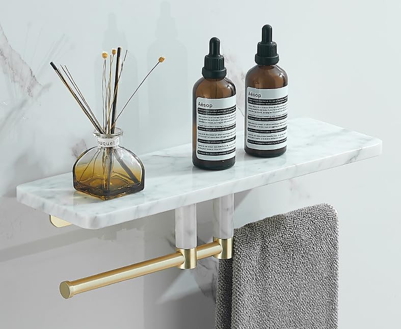 ROBOTA Marble Paper Towel Holder, Towel Rod, Wall Mounted Toilet Paper Holder, Shelf, white-50 Long Shelf with bar, As Shown in Fig