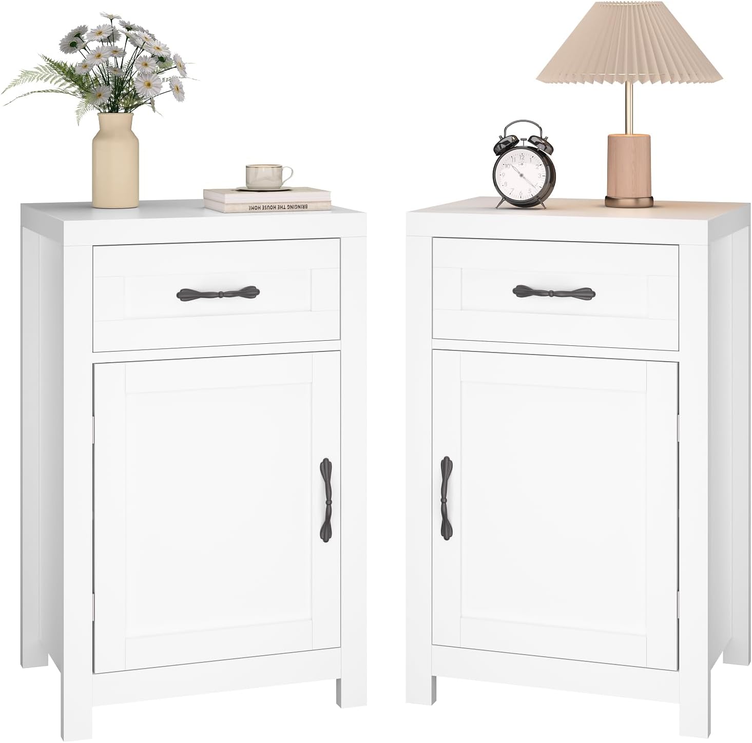 White Nightstand Set of 2 with Drawer, Farmhouse End Table with Storage Cabinet and Adjustable Shelf, 30' Tall Bedside Table Rustic Wood Sofa Side Table for Living Room, Bedroom