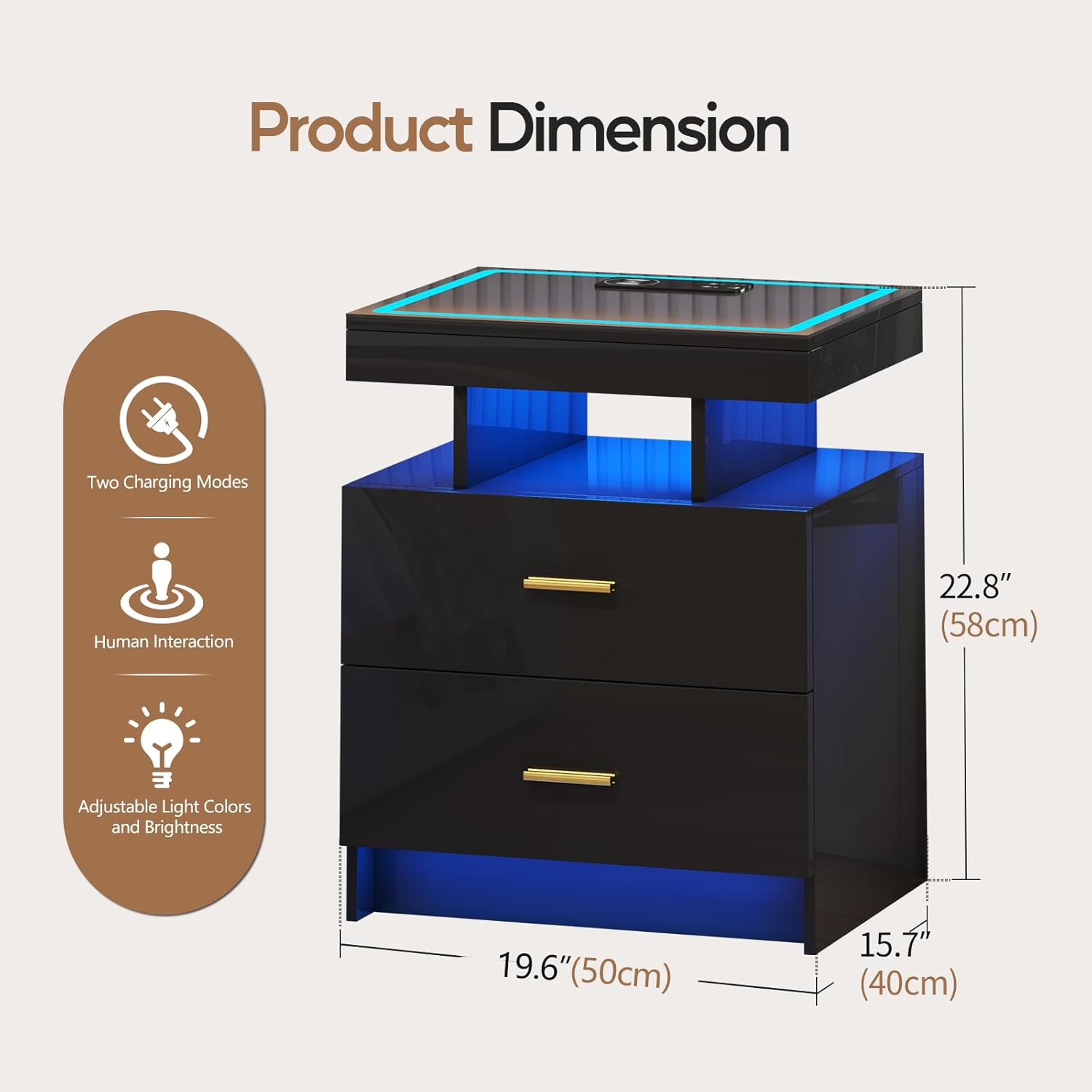 LED Nightstand Set 2 with Wireless Charging Station,Black Night Stand with 2 Drawers,Glass Top Smart Bedside Table,Modern End Table Side for Bedroom,Living Room,Office