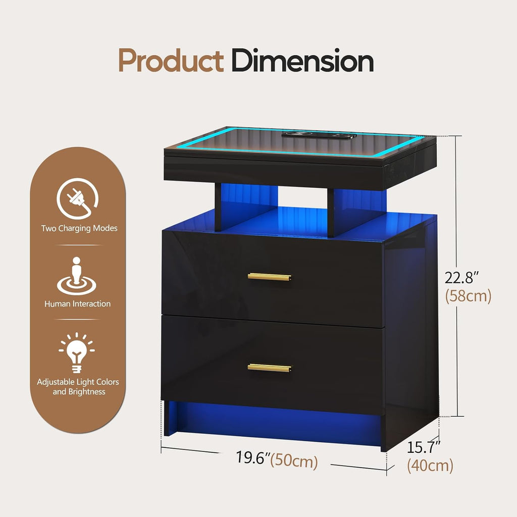 LED Nightstand with Wireless Charging Station,Black Night Stand with 2 Drawers,Glass Top Smart Bedside Table,Modern End Table Side for Bedroom,Living Room,Office