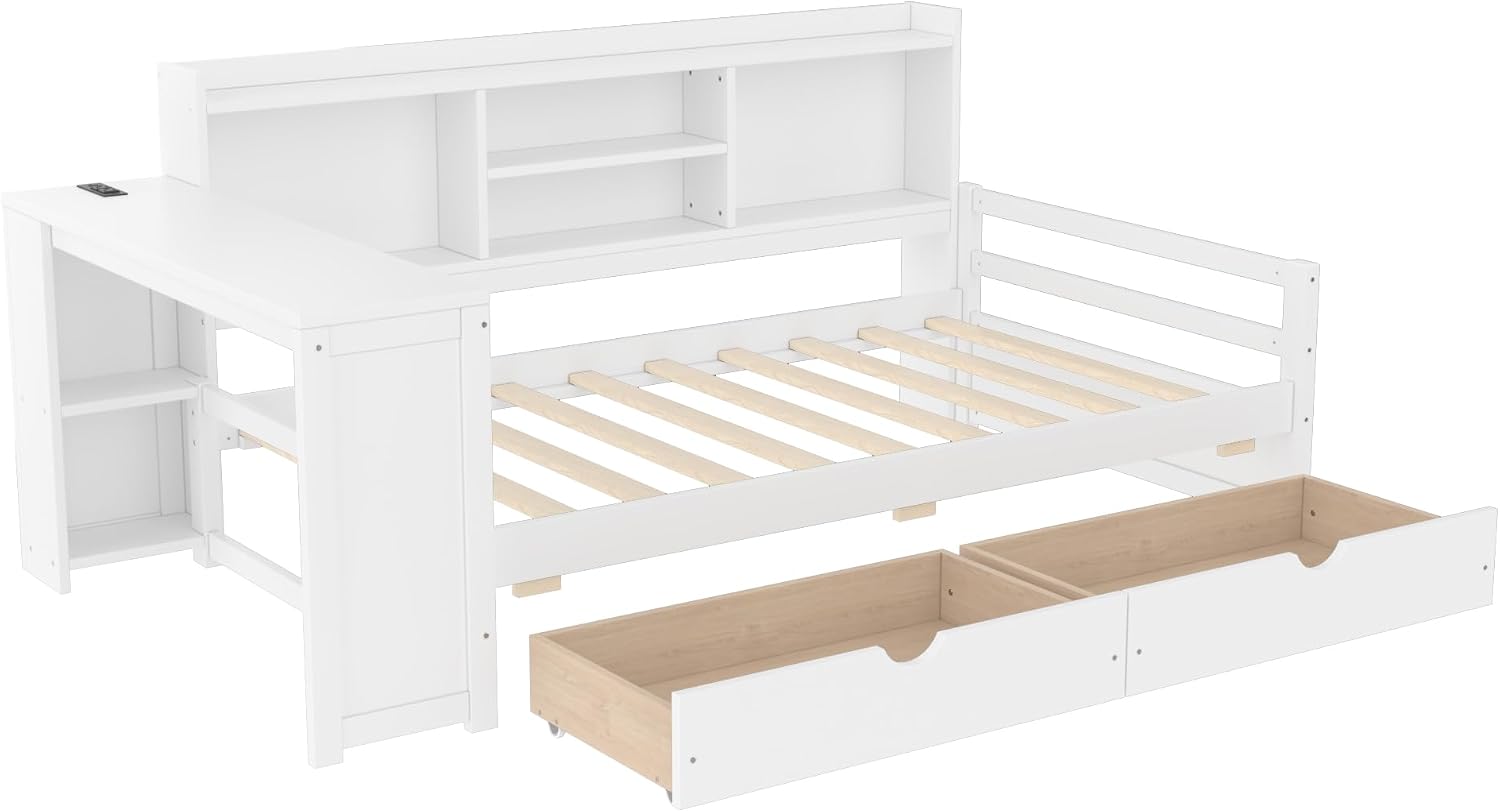 SOFTSEA Twin Corner Bed Frame with Storage Drawers, Desk & Bookcase, Wood Corner Daybed with Charging Station, L-Shaped Daybed for Kids Bedroom, No Box Spring Needed, White
