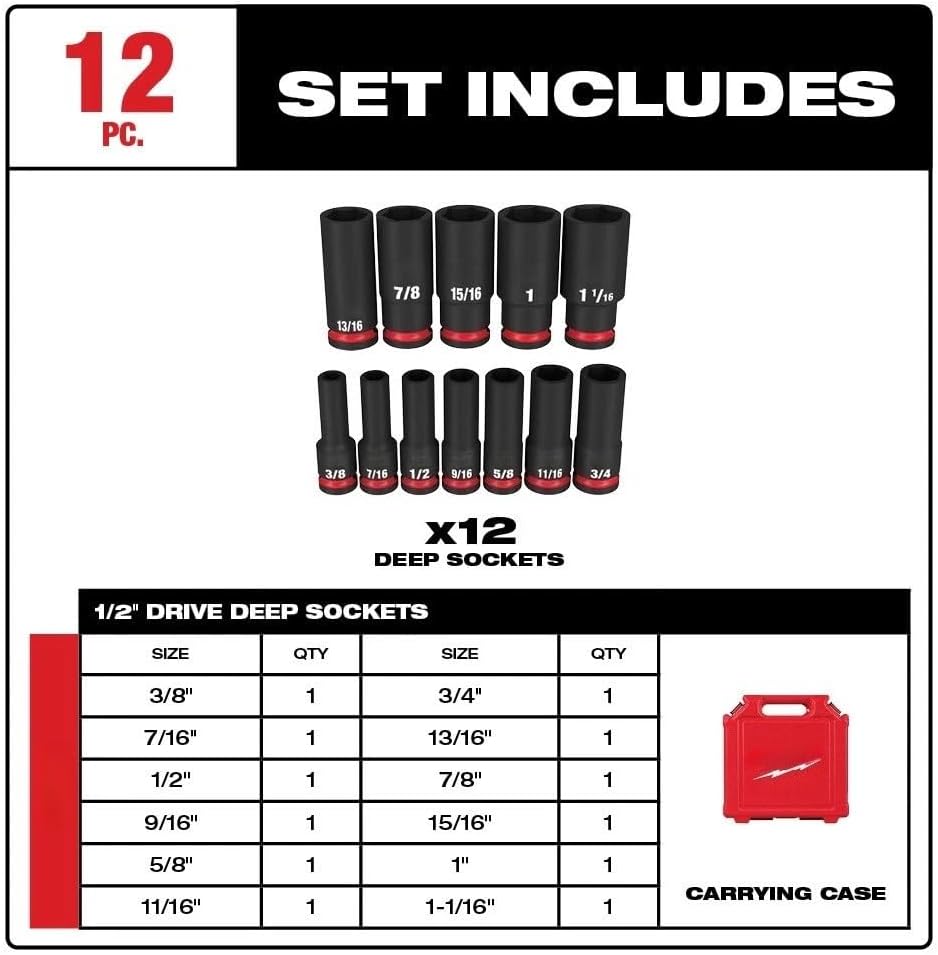 12 pc 49-66-7011 for Milwaukee 1/2' Impact Non-Slip Drive 6-Pt Socket Set