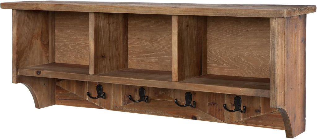 Revive Solid Wood Wall Mounted Coat Rack with 3 Cubbies and 4 Double Hooks – 36' Entryway Wall Shelf Organizer with Easy Installation for Hallway or Mudroom Storage by Alaterre Furniture (Natural)