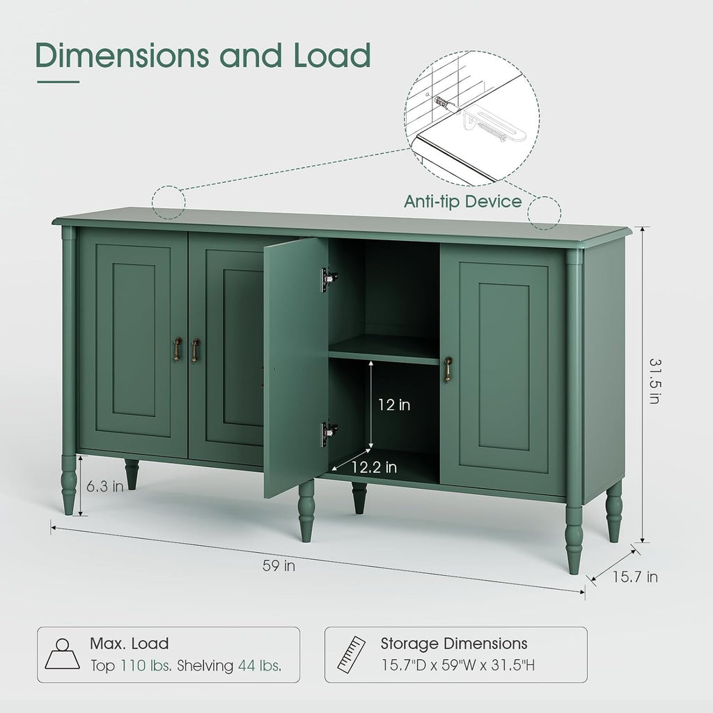 JOINICE Buffet Cabinet with Storage,Credenza Coffee Bar for Kitchen,Buffet Storage Cabinet with 4 Doors,59' Vintage Sideboard,Green