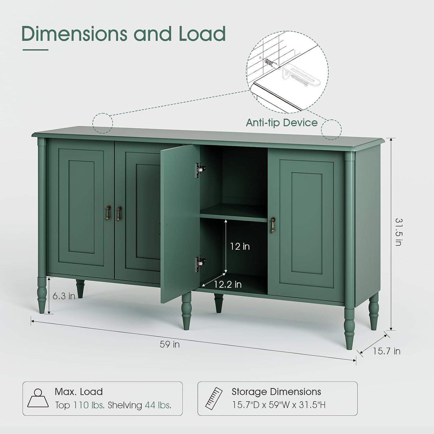 JOINICE Buffet Cabinet with Storage,Credenza Coffee Bar for Kitchen,Buffet Storage Cabinet with 4 Doors,59' Vintage Sideboard,Green