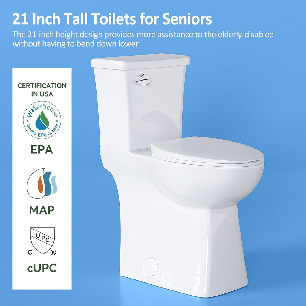Simple Project 21 inch Tall Toilets for Seniors, Handicap, Tall Person | 12' Rough in Elongated Toilet & Powerful Single Flush 1.28GPF, Extra High Toilet with Soft Closing Seat