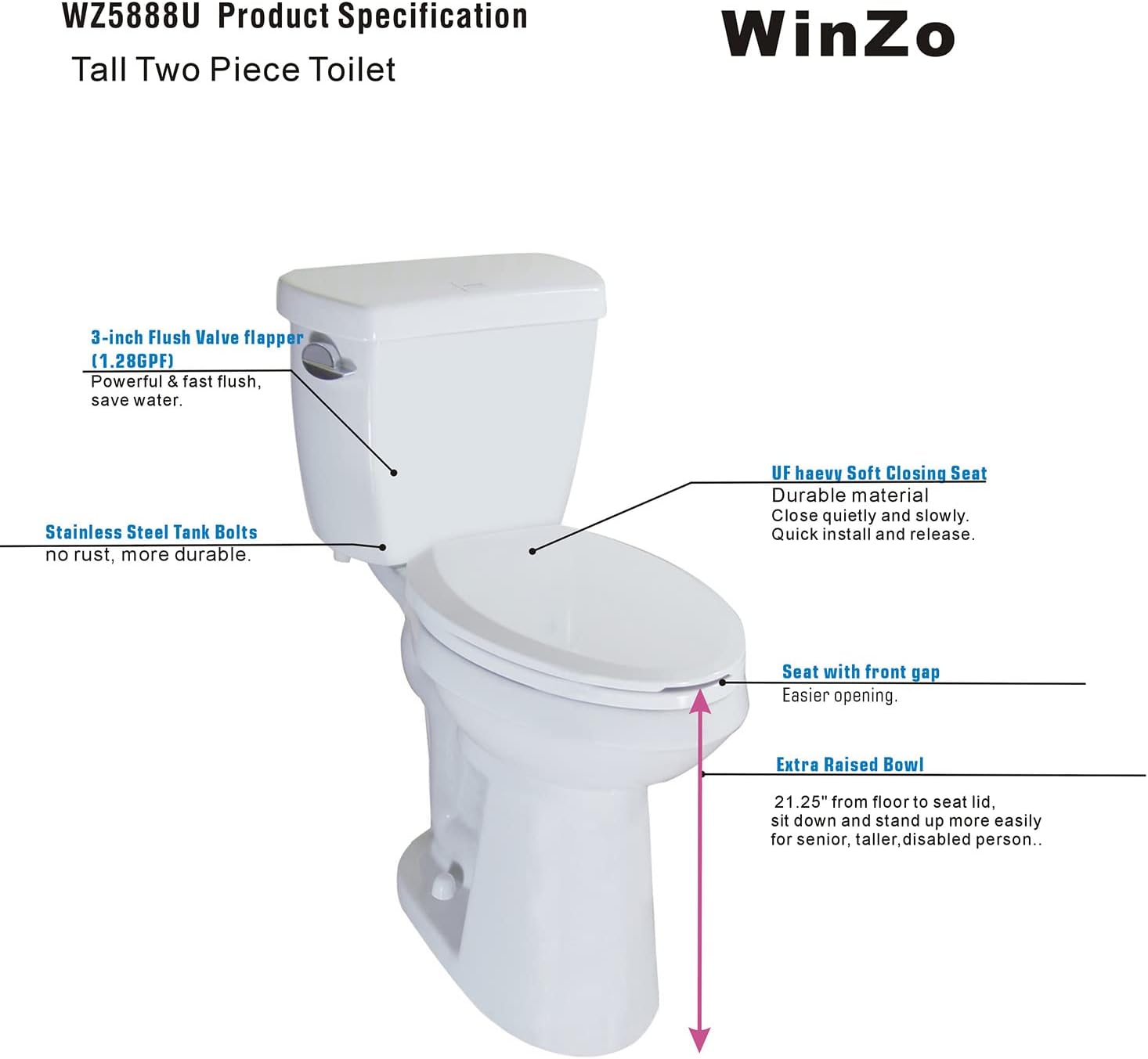 WinZo WZ5888U Elongated Two Piece Toilet 21.25-inch Extra Tall Bowl 1.28 Single Flush Comfortable For Seniors Tall Family 12' Rough-in Bathroom,White