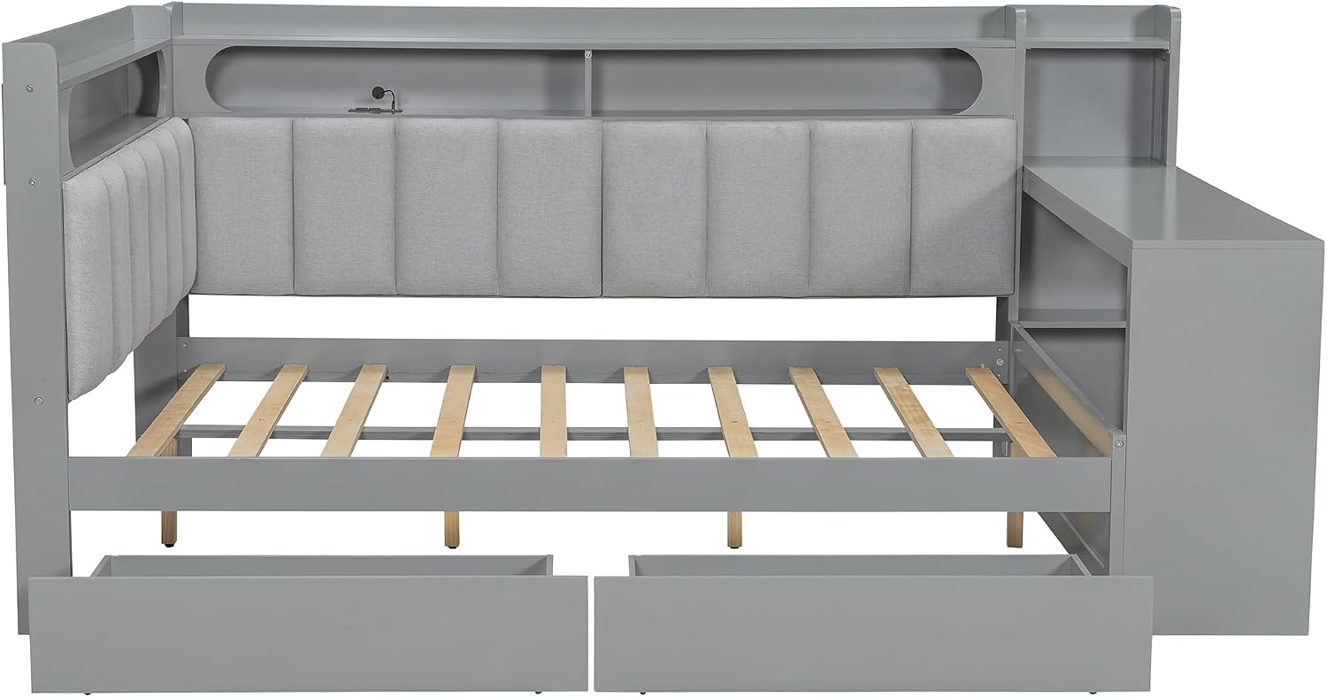 Bellemave Full Size Upholstered Daybed with Desk and Drawers and USB/LED Belt, Corner Bed with Trundle, L-Shape daybed for Bedroom Living Room, Gray（Linen）
