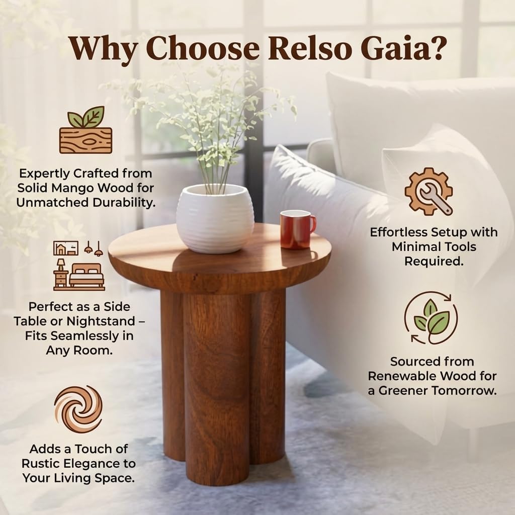 Relso Gaia Round End Table for Living Room and Farmhouse | Solid Mango Wood for Rustic Elegance | Ideal for Side Tables, Nightstands & More | Wood Side Table Round for Bedroom (Walnut)
